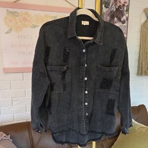 POL Charcoal Distressed Jean Jacket